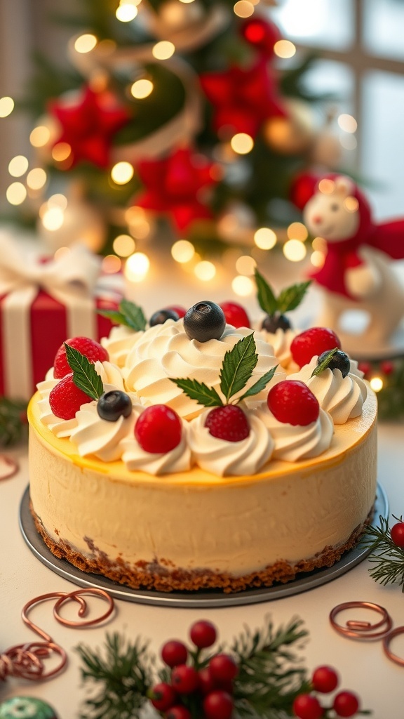 Festive Christmas Cheesecake Recipe A festive Christmas cheesecake topped with whipped cream and berries, set on a decorated holiday table.